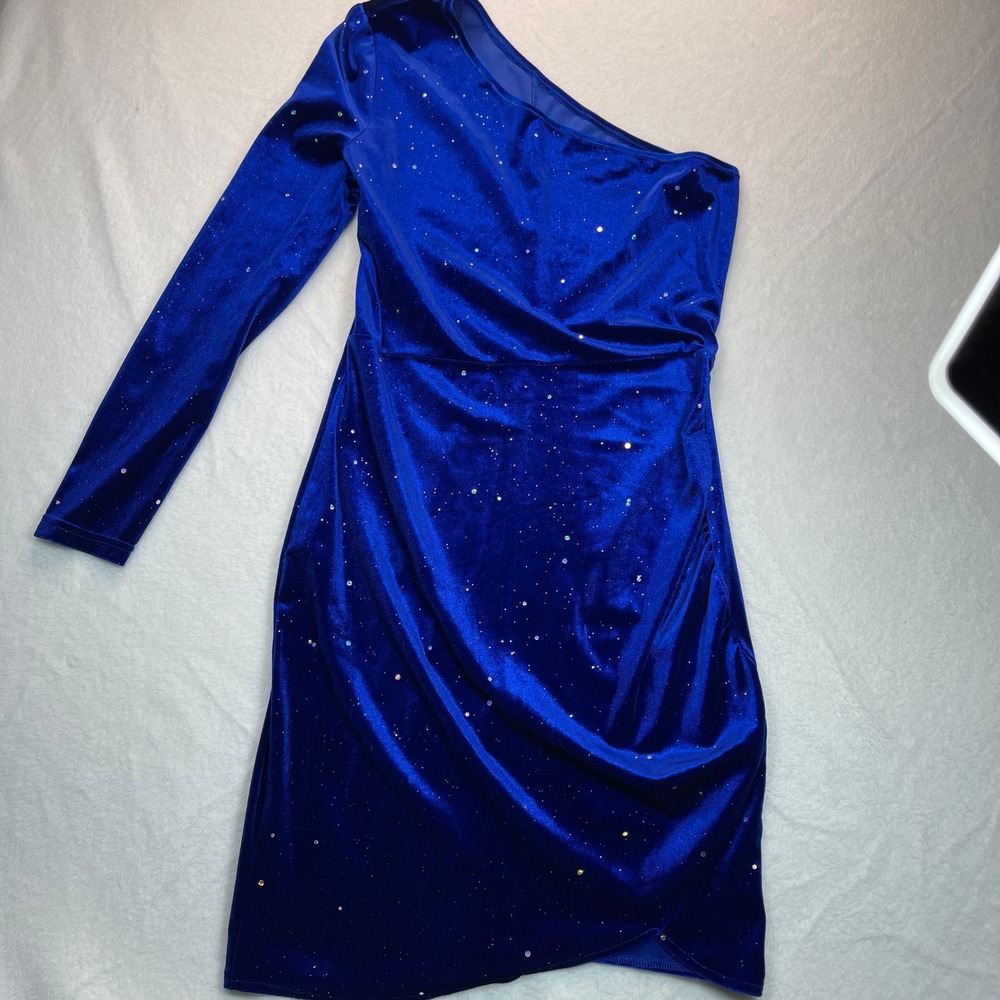 One Shoulder‎ Dress XS Blue Velvet Rhinestone Ruched Mini Party Glam Prom Event
